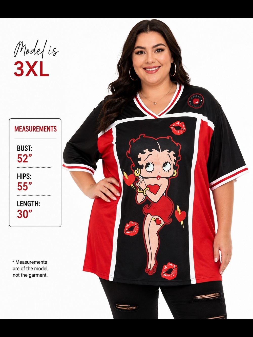 Betty Boop Red & Black V‑Neck Graphic Women’s Top Plus 3XL